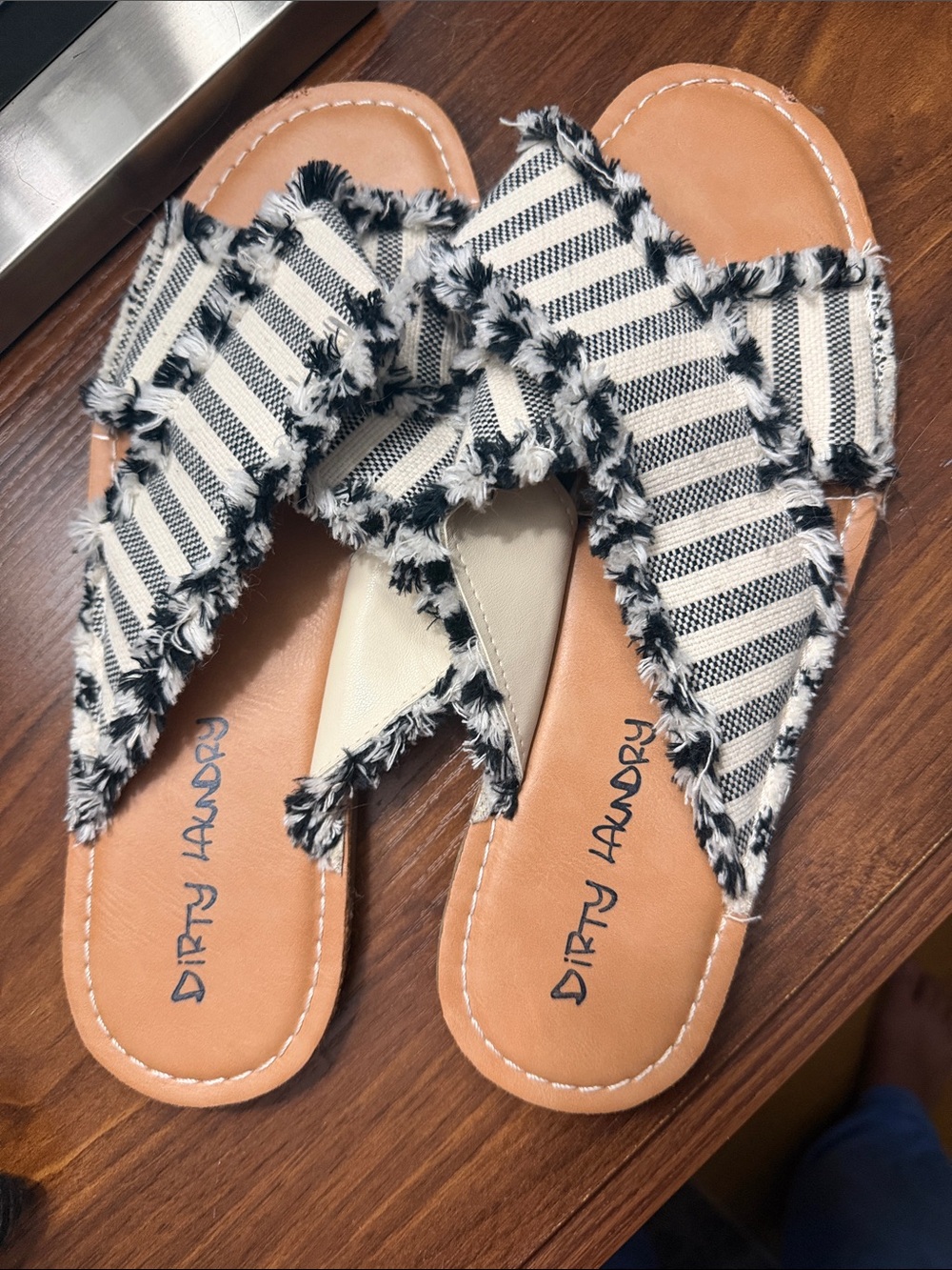 Dirty Laundry Black & White Striped Fringe Slide Sandals